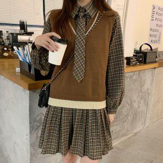 Contrast Trim Sweater Vest / Long-sleeve Plaid Mini Collared Dress / Tie / Set