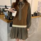 Contrast Trim Sweater Vest / Long-sleeve Plaid Mini Collared Dress / Tie / Set