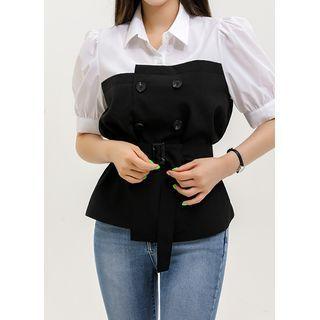 Two-tone Double-breasted Blouse With Belt