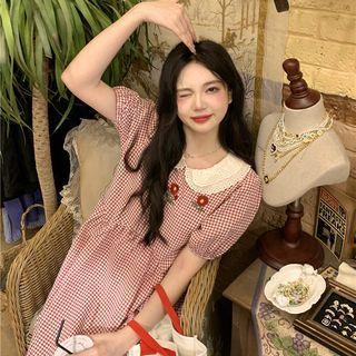 Peter Pan Collar Embroidered Plaid A-line Dress