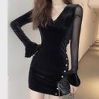 Mesh Panel Long-sleeve Sheath Dress Black - One Size