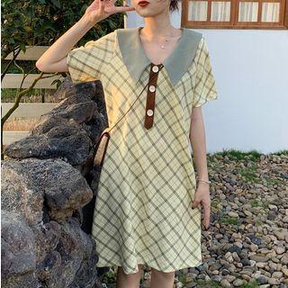 Short-sleeve Plaid Collared Dress Plaid - Yellow & Green - One Size
