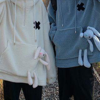 Cross Embroidered Rabbit Applique Fleece Hoodie