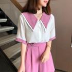 Two-tone Collared Short-sleeve Blouse