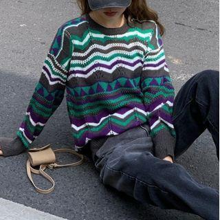 Patterned Sweater Gray & Purple & White - One Size