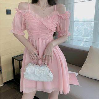 Short-sleeve Off-shoulder Ruffle Trim Shirred Dress