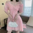 Short-sleeve Off-shoulder Ruffle Trim Shirred Dress