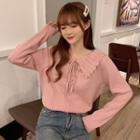 Long-sleeve Collared Tie-neck Knit Top