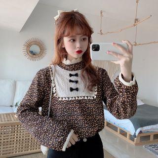 Long-sleeve Lace Trim Floral Print Top