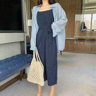 Long-sleeve Shirt / Spaghetti Strap Midi Dress