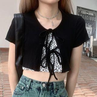 Leopard Print Cropped Camisole Top / Short-sleeve Tie-strap Cardigan