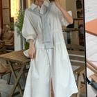 Puff-sleeve Midi A-line Shirtdress / Striped Shawl