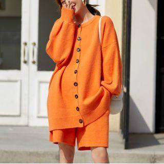Set: Plain Knit Cardigan + Straight-cut Shorts