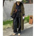 Collared Long Cardigan With Sash Khaki - One Size