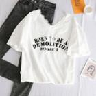 Short-sleeve Lace Trim Lettering Print T-shirt