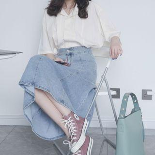 Set: Elbow Sleeve Plain Oversized Shirt + High Waist Denim Midi A-line Skirt