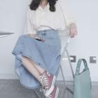 Set: Elbow Sleeve Plain Oversized Shirt + High Waist Denim Midi A-line Skirt