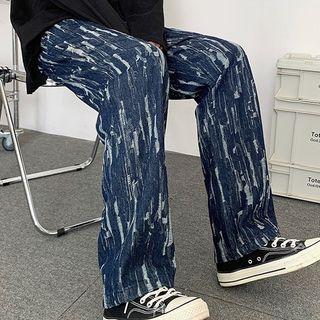 Printed Distressed Wide Leg Jeans
