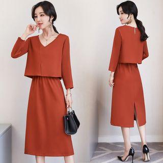 Set: V-neck Plain Top + A-line Midi Skirt