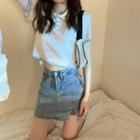 Short-sleeve Knit Polo Shirt / Denim Skirt