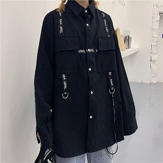 Plain Letter Single-breasted Loose-fit Long-sleeve Cargo Blouse