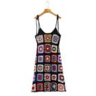 Spaghetti-strap Crochet Knit Mini A-line Dress Black - One Size