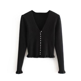 Ruffle Trim Long-sleeve V-neck Knit Top
