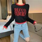 Long-sleeve Contrast Trim Lettering Knit Top