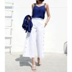 Band-waist Button-detail Wide-leg Pants