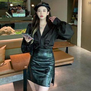 Long-sleeve V-neck Blouse / Faux Leather Slit Mini Skirt