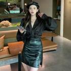 Long-sleeve V-neck Blouse / Faux Leather Slit Mini Skirt