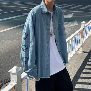 Pumpkin Printed Frayed Denim Jacket