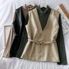 Set: Mock-neck Long-sleeve Top + Faux-leather Vest With Belt