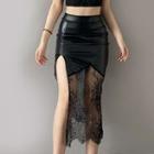 Lace Panel Faux Leather Slit Midi Pencil Skirt