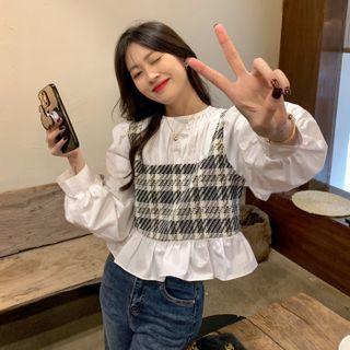 Mock Two-piece Plaid Panel Blouse Black & Beige & White - One Size