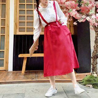 Set: Long-sleeve Blouse + Suspender Midi Skirt