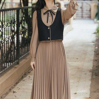Set: Puff-sleeve Midi Shirtdress + Button-up Vest