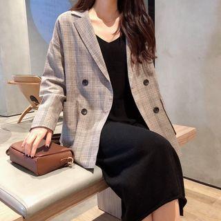 Spaghetti Strap Midi Knit Dress / Double-breasted Plaid Blazer