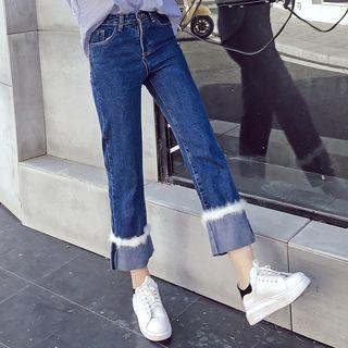 Furry Trim Wide Leg Jeans