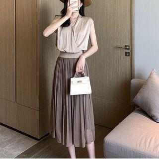 Set: Cap-sleeve Blouse + Midi A-line Skirt