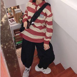 Appliqu  Striped Polo Sweatshirt As Shown In Figure - One Size