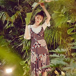 Set: Ruffle-sleeve Top + Paisley Long Dress
