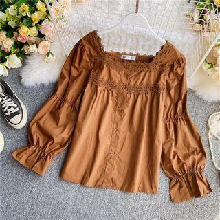 Square-neck Lace-trim Bell-sleeve Blouse