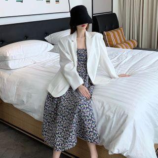 Spaghetti Strap Floral Print A-line Midi Dress / Single Breasted Blazer