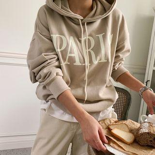 Fleece-lined Letter Hoodie Beige - One Size