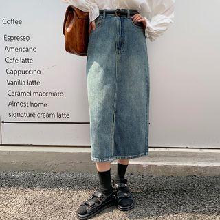 High Waist Denim Midi Pencil Skirt