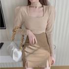 Cutout Mock-neck Knit Blouse / Plain Mini Skirt