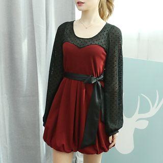 Sheer-panel Balloon-hem A-line Dress With Sash