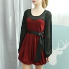 Sheer-panel Balloon-hem A-line Dress With Sash