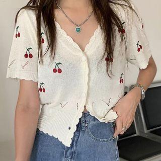 Short-sleeve Cherry Embroidered Cropped Cardigan